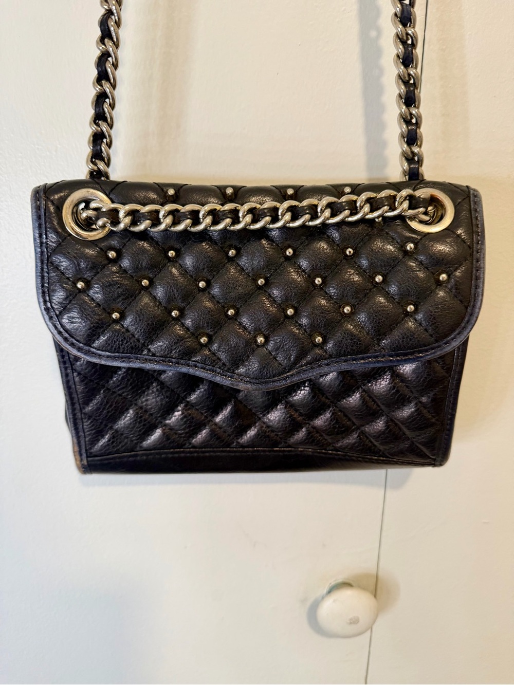 Rebecca Minkoff Black Quilted Leather Chain Shoulder Bag with Stud Details